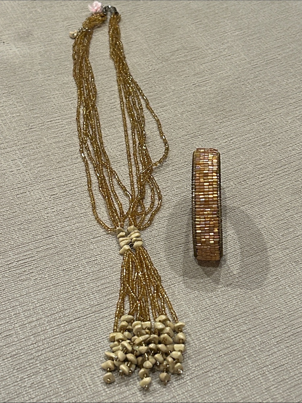 Gold Beaded Multi-Strand Necklace w/ tassel magnasite stone & Bracelet Set